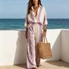 Damen Boho Baumwolle Leinen 2-teilige Sets, 3/4 Ärmel Bedruckte Hemden und Weite Hosen Passende Sets, Lockere Urlaubs-Lounge-Outfits