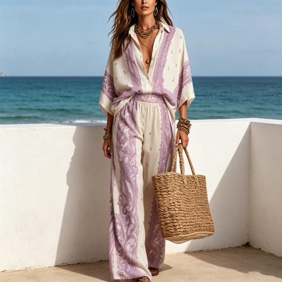 Damen Boho Baumwolle Leinen 2-teilige Sets, 3/4 Ärmel Bedruckte Hemden und Weite Hosen Passende Sets, Lockere Urlaubs-Lounge-Outfits