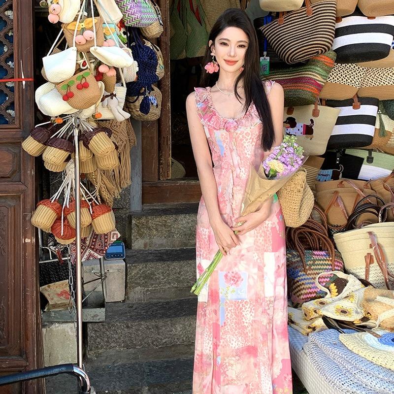 French Vacation Pink Ruffle Leaf Edge Three-dimensional Flower Floral Dress Women's Summer Slim Waist Long Dress