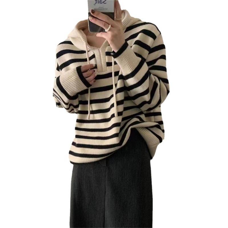 Simple casual hooded knitted sweater women's spring and autumn new loose soft waxy lazy striped pullover sweater