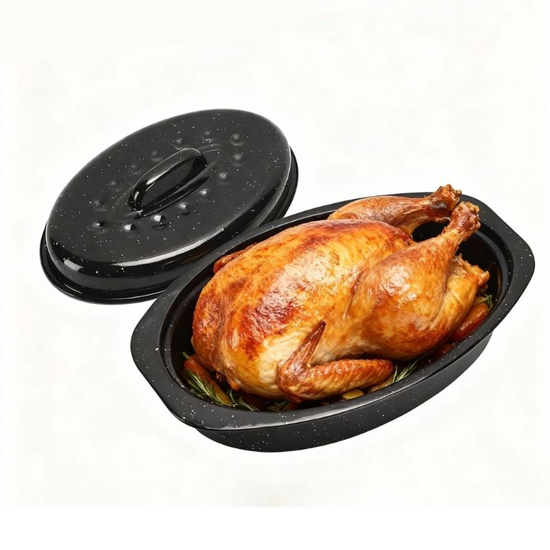 Enameled Iron Turkey Roaster With Lid Perfect For Baking Bread Roasting Meat And Vegetables Dishwasher Safe