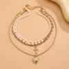 Stylish Pearl Beaded Clavicle Chain Women's Stainless Steel Necklace Piece Set Peach Heart Multi-layer Alloy Jewelry on the Neck