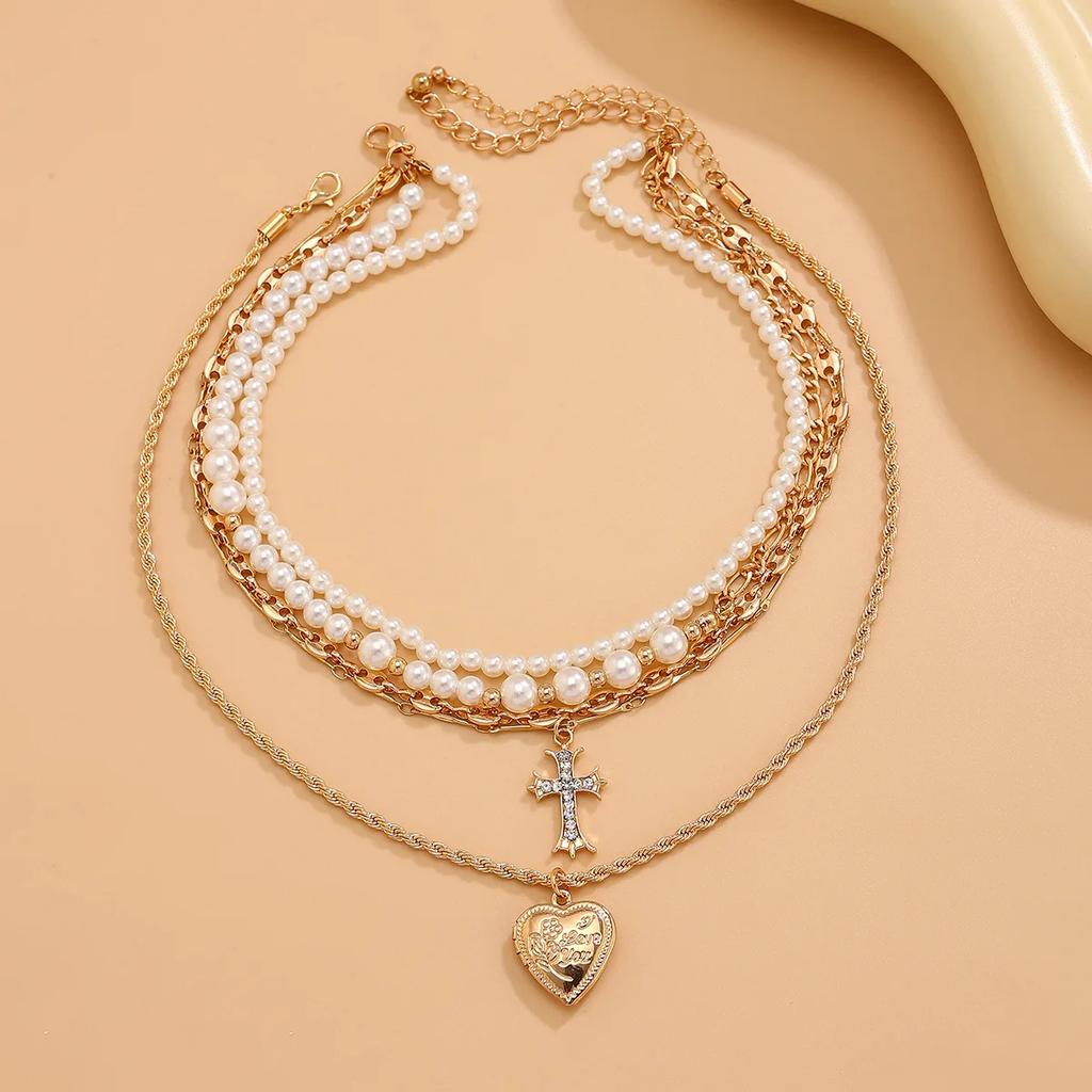 Stylish Pearl Beaded Clavicle Chain Women's Stainless Steel Necklace Piece Set Peach Heart Multi-layer Alloy Jewelry on the Neck