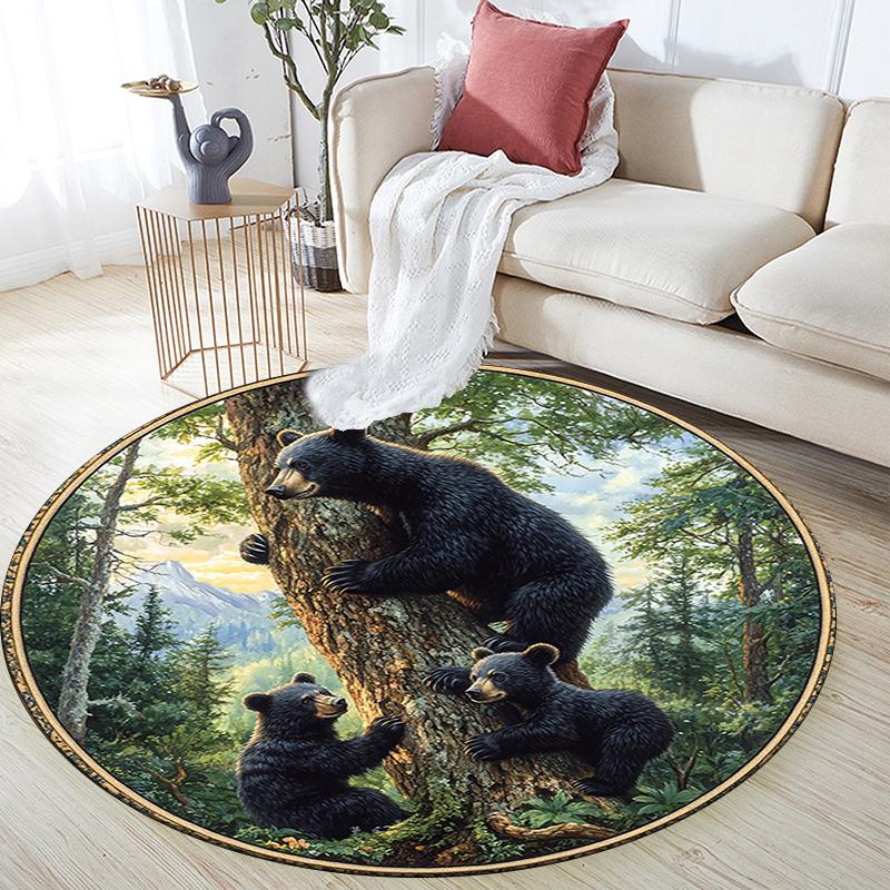 Black Bear Round Area Rug,Carpet Rug for Living Room Bedroom Sofa Playroom Decor,Non-slip Floor Mat