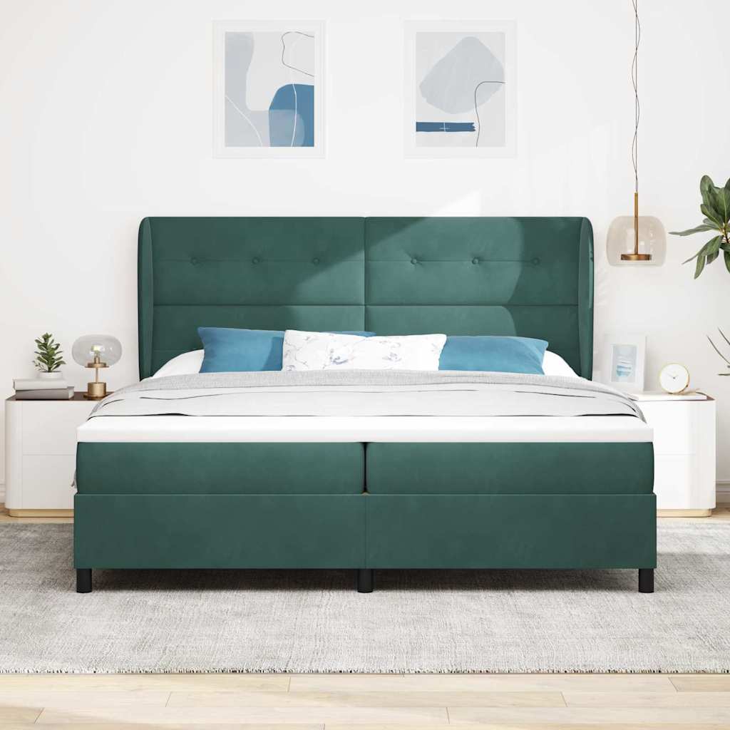 Box Spring Bed with Headboard Dark Green 200 x 200 cm Velvet
