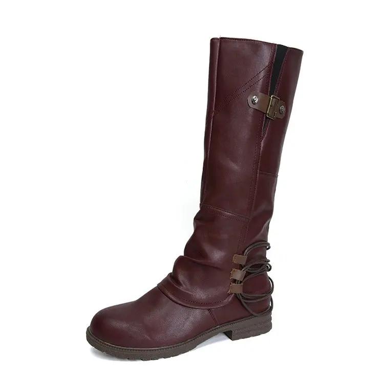 Fashion Autumn and Winter New Knee High Boots for Women Leather Square Low Heel High Boots Roman Style Belt Buckle Long Botas