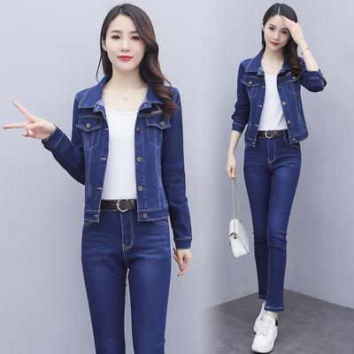 Women Spring and Autumn Casual Denim Suit Denim Jacket + Jeans 2 Piece Set
