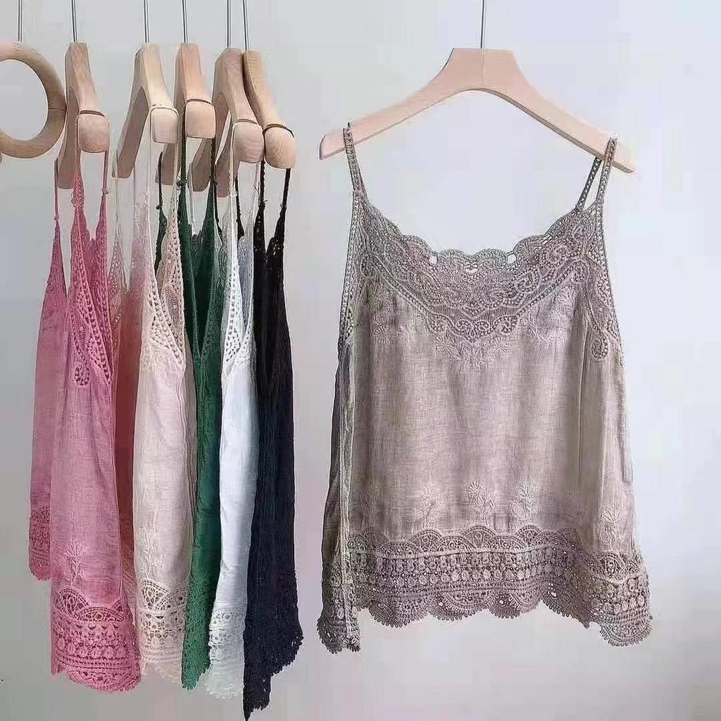 Summer Cotton and Linen Small Vest Pure Cotton Inner Base Hollow Embroidered Lace Suspender Loose Linen Sleeveless Top Women