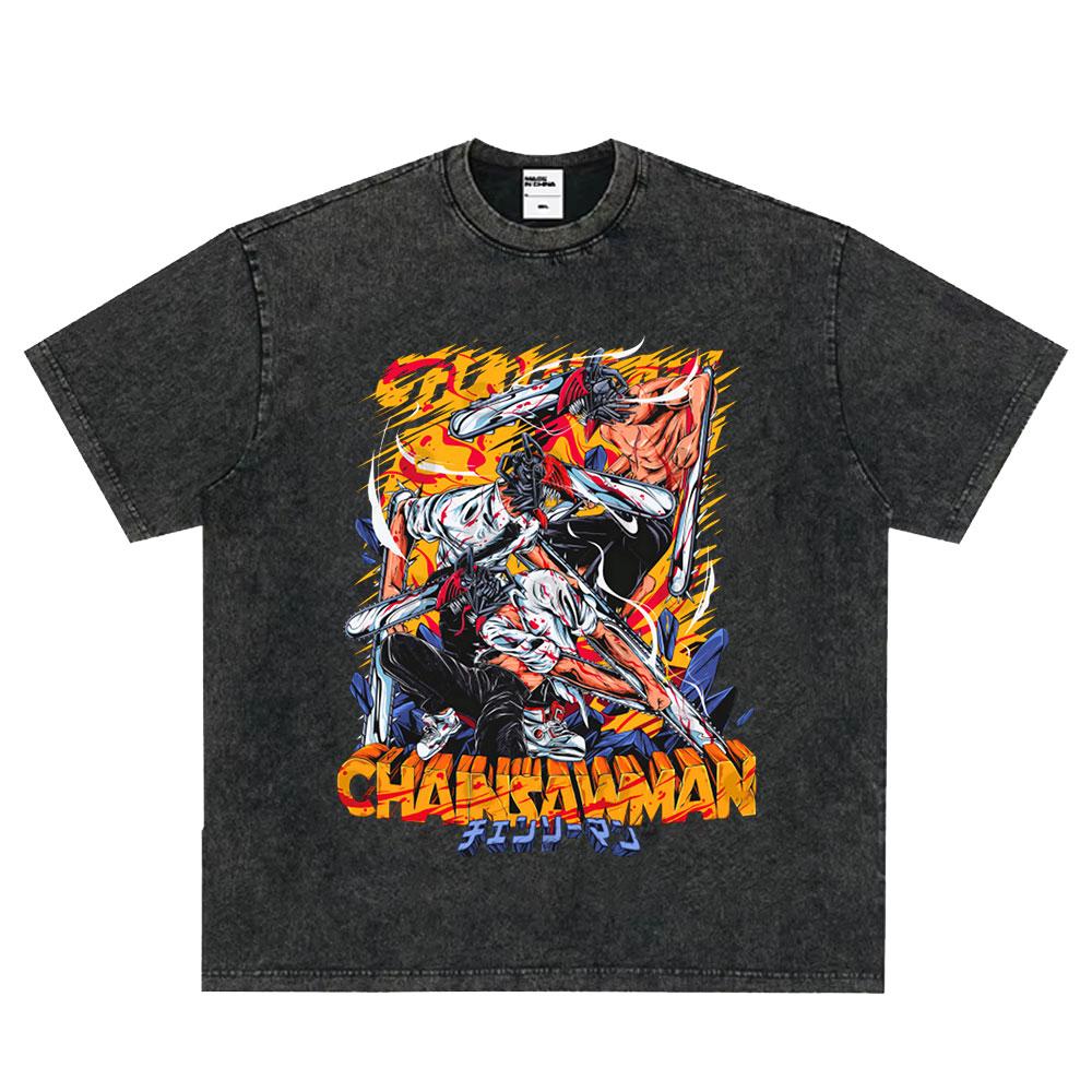 Japanese Anime Chainsaw Man Kobeni Metal Denji Tshirt Vintage Washed Manga Graphic T Shirts Unisex Couples Short Sleeve T Shirt
