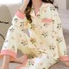 French Floral Faux Cotton Women's Pajama Set - Spring/Autumn Long Sleeve & Pants, Loose Cardigan Style for Middle-aged Women.