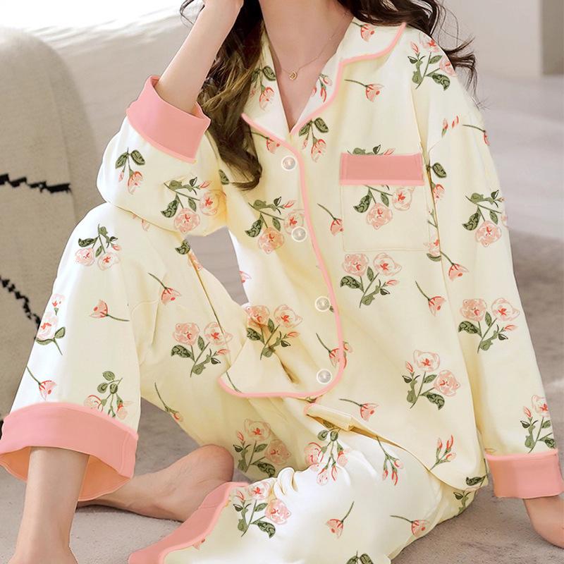 French Floral Faux Cotton Women's Pajama Set - Spring/Autumn Long Sleeve & Pants, Loose Cardigan Style for Middle-aged Women.