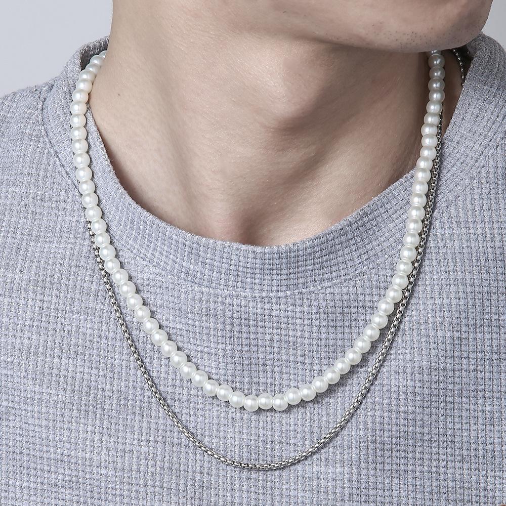 Ins Internet celebrity style personality fashion splicing pearl thin chain necklace men's trendy double collarbone chain hip hop
