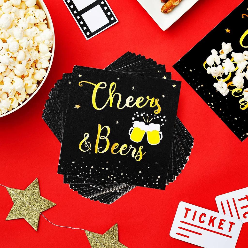 40 Pcs Cheers & Beers Napk Cheers Beer Party Supplies Disposable Cocktail Napk Black and Gold Foil Paper Napk for 30th 40th 50th 60th 70th 80th 90th