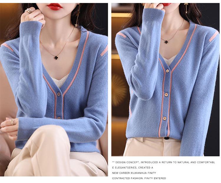 Women's V-Neck Color-Block 100% Wool Cardigan - Loose, Versatile, and Stylish for Autumn/Winter 2025