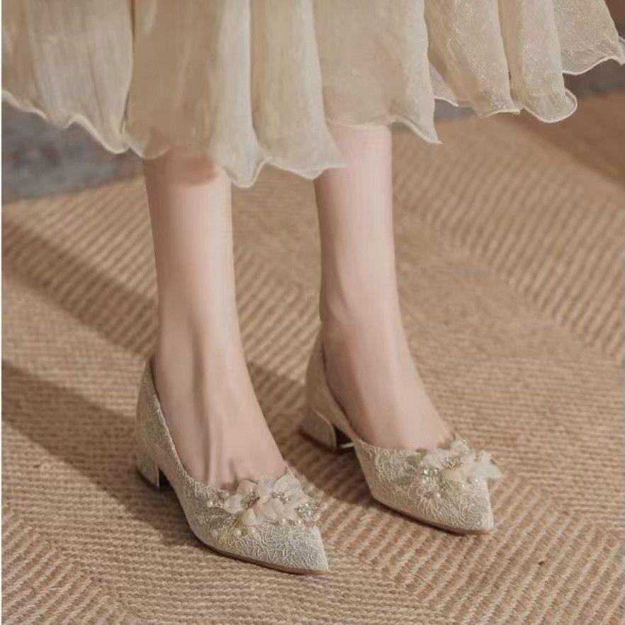 Low Heel Two Wear Pointed Thick Heel Shallow Mouth Single Shoes Flat Sole Not Tired Foot Single Shoes 2025 Spring and Summer Beautiful Flower Wedding