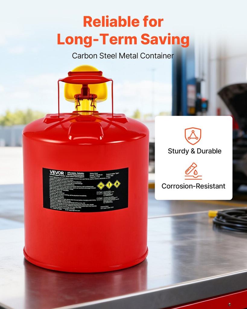 Safety Gas Can, 19 L Type I Red Safety Can for Gasoline with Stainless Steel Flame Arrester, Self-Closing Lid, and PE Funnel, Carbon Steel Flammable