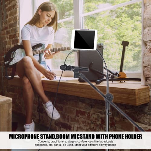 Zynphancer 2-in-1 Microphone Stand Boom, Floor Microphone Tripod, Height Adjustable 75-150cm, with Cell Phone Holder, Bendable Hose, Durable Steel Pip