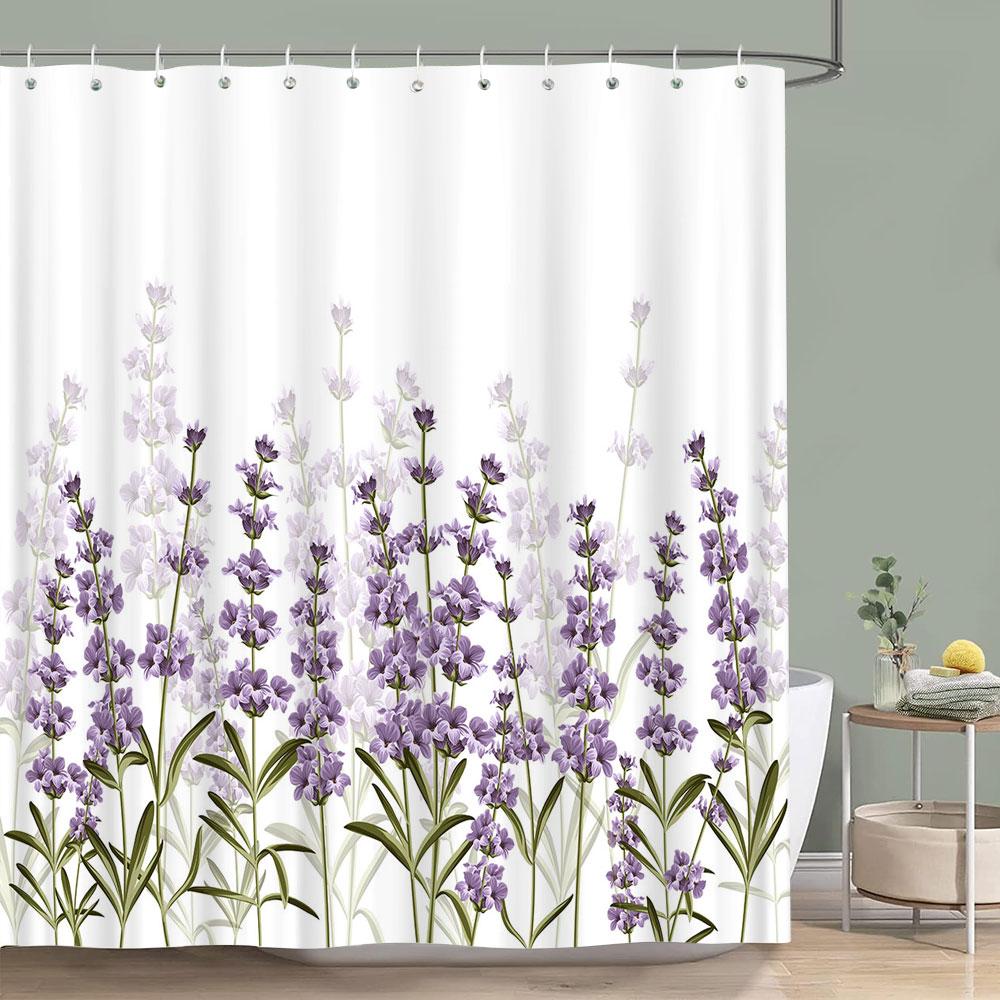 Purple Vineman Botanical Watercolour Shower Curtain Lavender Butterfly Floral Polyester Shower Curtain Bathroom Decor with Hooks