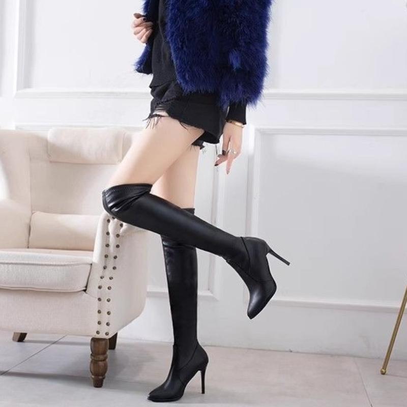 Autumn/Winter New Women's Over-the-Knee High-Heeled Stiletto Boots Stretchy Pointed Toe Leather Long Boots