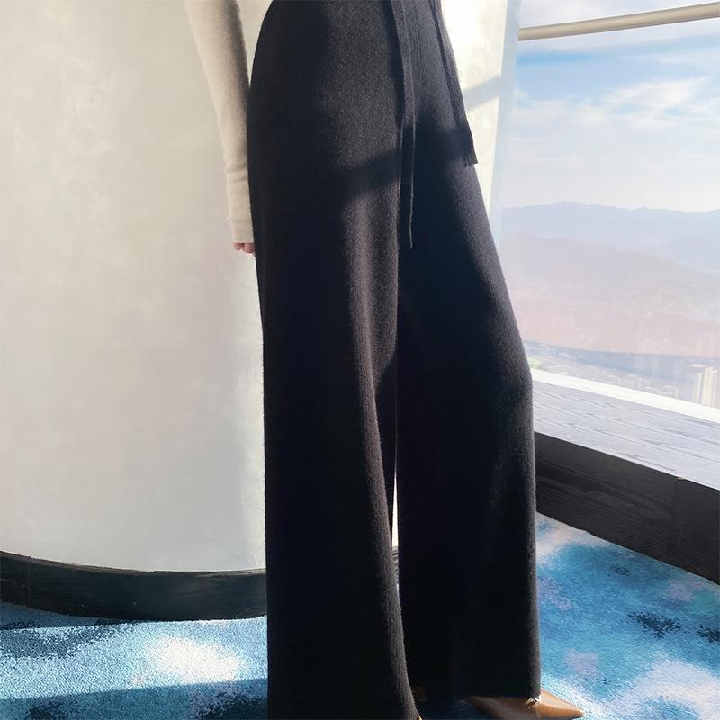 

Women s High-Waisted Pure Wool Wide-Leg Pants: Autumn Winter Slimming Straight-Leg, Floor-Length, Thick and Casual Trousers XXXL
