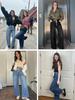 Damen High Waist Baggy Weite Beine Jeans Kordelzug Boyfriend Denim Hose