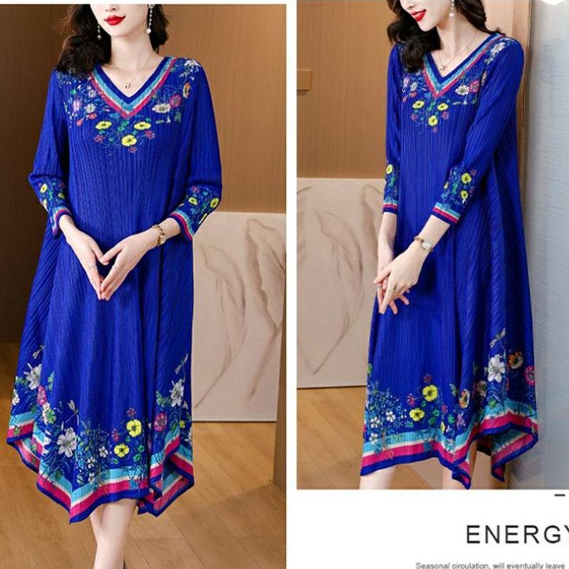 Women's Plus Size Dress Vintage Print Dress Ethnic Style Spring Summer A-line Pleated Stretch Maxi Dress