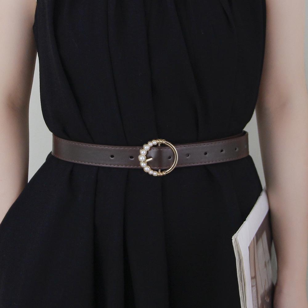 New Fashionable Round Pearl Buckle Women’s Leather Belt Korean-Style Beaded Versatile Minimalist Retro Jeans Belt