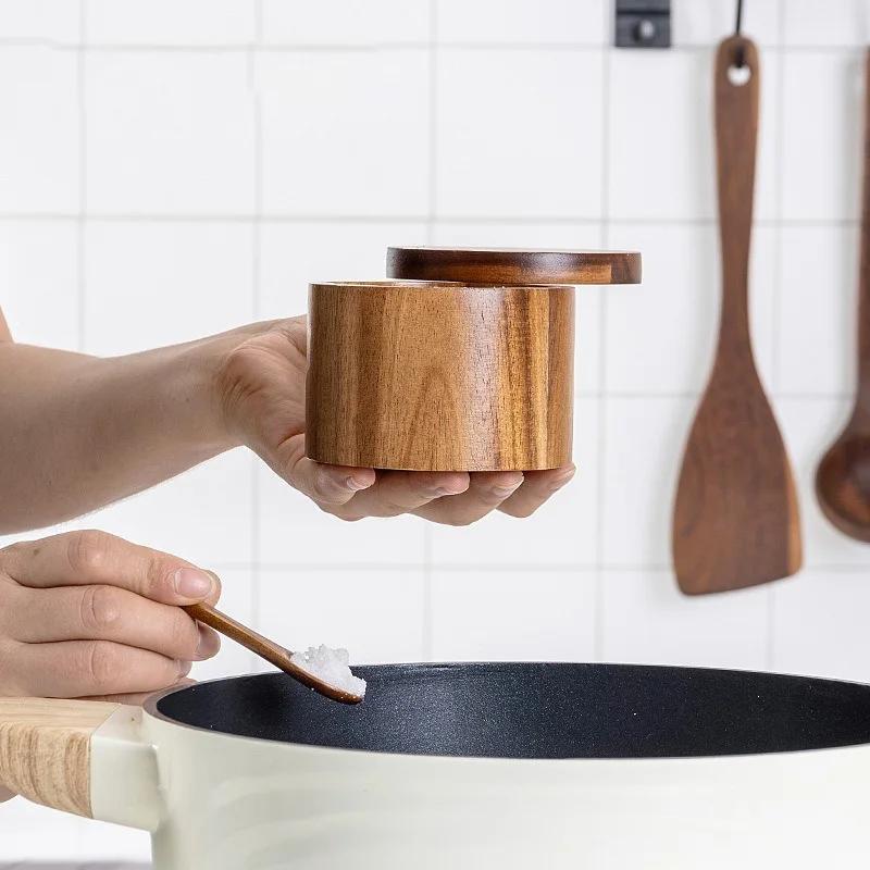 Akacjowe drewno Pojemnik na sól Pudełko na przyprawy Pojemnik na pieprz Z magnetyczną obrotową pokrywką Przechowywanie kuchenne Słoik na przyprawy Butelka na przyprawy Solniczka