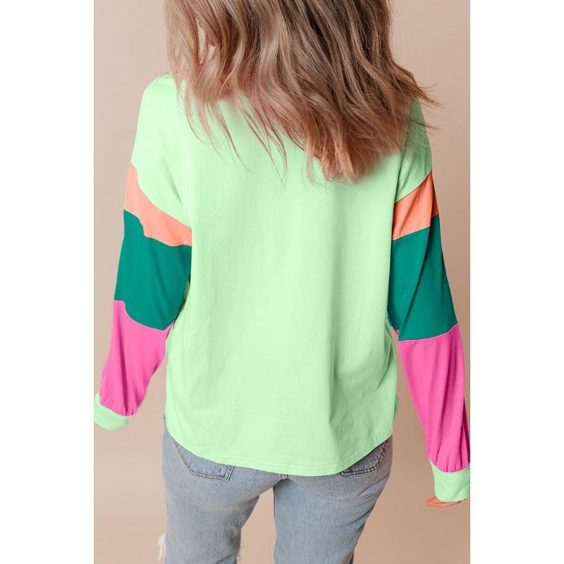 YYFS Damenmode, lässig, Frühling, Herbst, Farbblockdruck, langärmelig, O-Ausschnitt, Blusen & Hemden