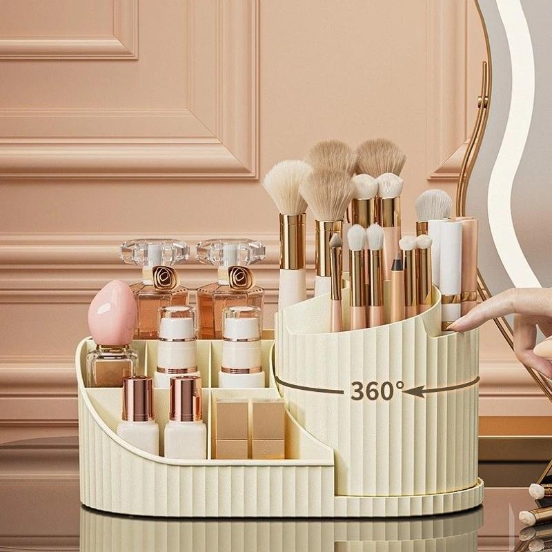 Rotating Makeup Brush Organizer Multifunctional Cosmetic Storage for Lipstick Eyeshadow Brushes Luxury Plastic Cream White Pink