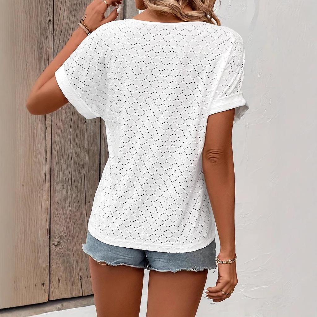 2025 Summer Women's Fashion Jacquard V-neck Short-sleeve Top