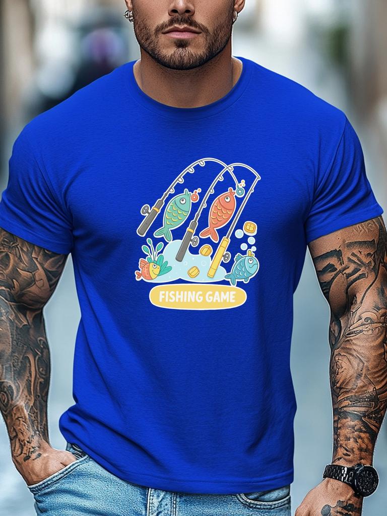 Mens Summer Fishing TShirt Fishing Game Rod Fish Print Short Sleeve Round Neck Soft Oversized Playful Daily Wear