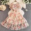 Women's Summer Fitted Off-the-Shoulder Puff-Sleeve Tulle Dress: A Gentle, French-Style Floral Retro Chiffon Dress