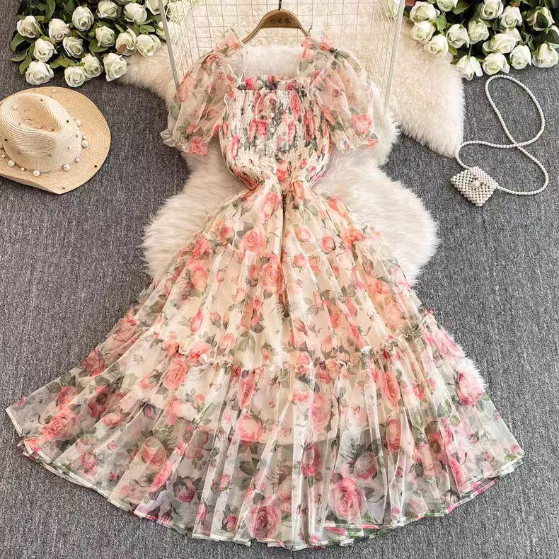 Women s Summer Fitted Off-the-Shoulder Puff-Sleeve Tulle Dress: A Gentle, French-Style Floral Retro Chiffon Dress L