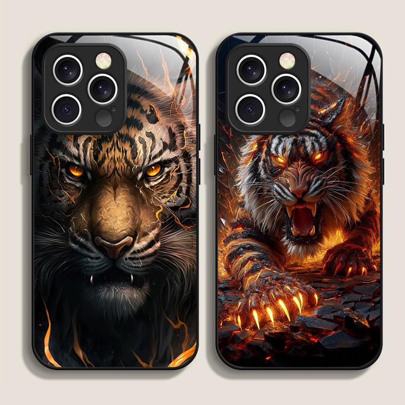 Golden Black Tiger Stripe Flame Pattern Tempered Glass Phone Case for IPhone 17 16 Pro Max 15 14 13 12 Mini 11 X XS 14Plus Cover