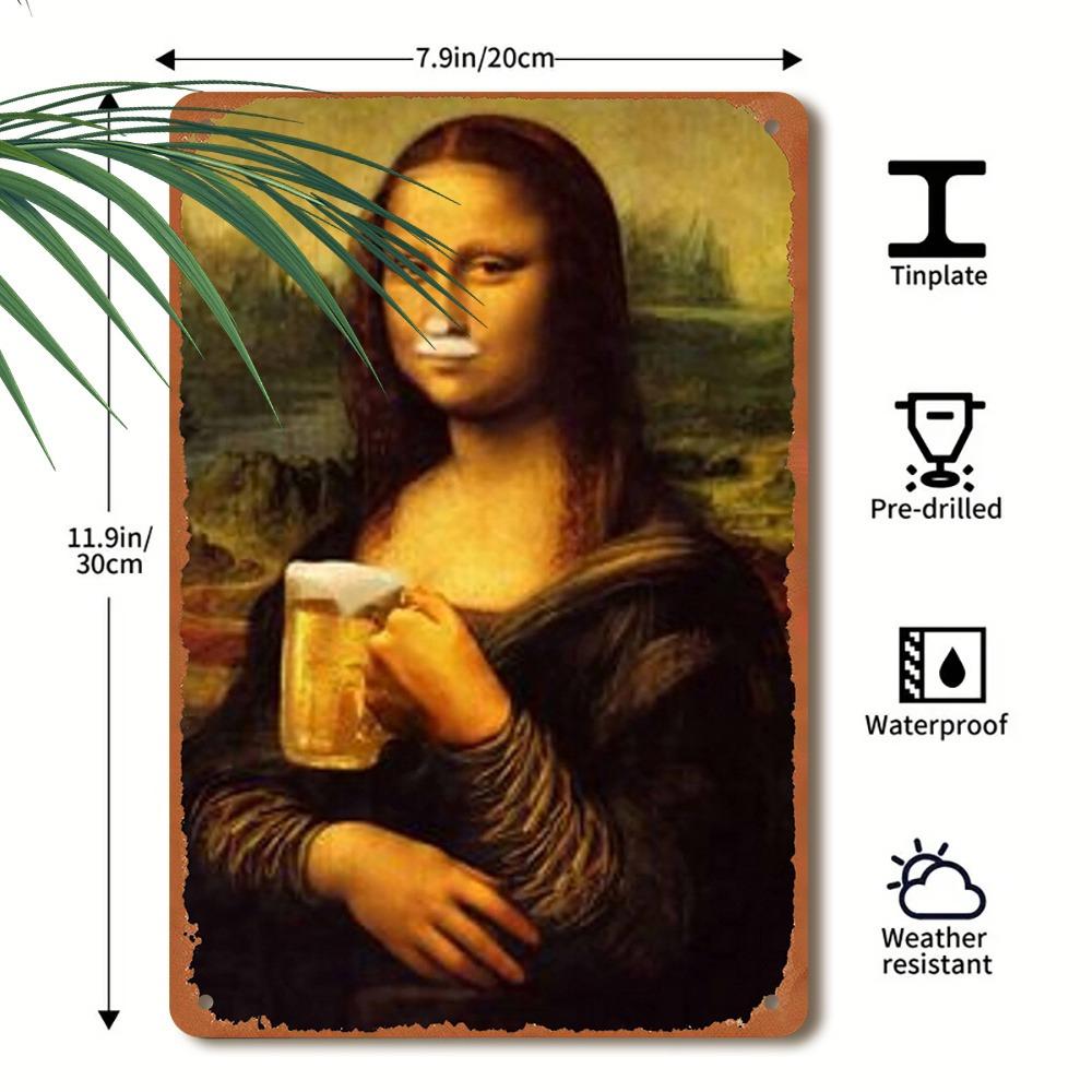 Vintage Mona Lisa Drinking Beer Metal Tin Sign 20x30cm Retro Wall Art for Bar Pub Cafe Restaurant Decor