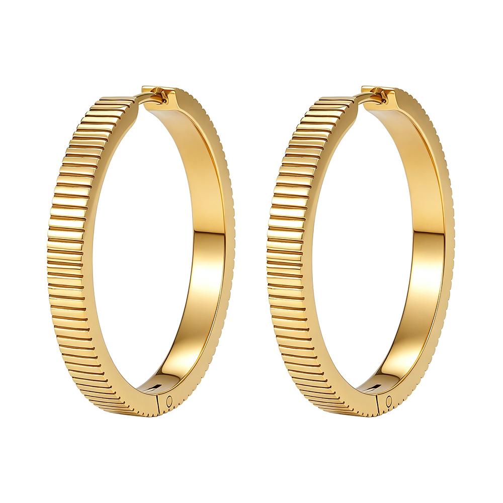 FINE4U 316L Stainless Steel Vertical Ridged Hoop Earrings Click Hinged Circle Hoops Hypoallergenic Textured Ear Jewelry