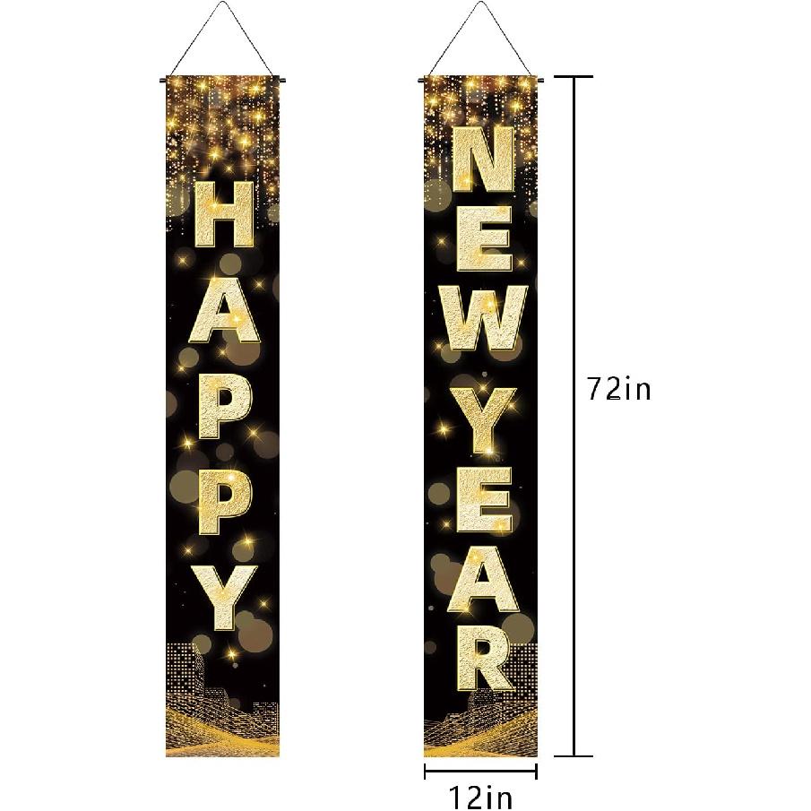 Labeol Happy New Year Banner, 72 x 12 Inch Large Front Door Porch Sign Hanging Banner Decorations New Years Eve Party Supplies 2025, Happy 2025