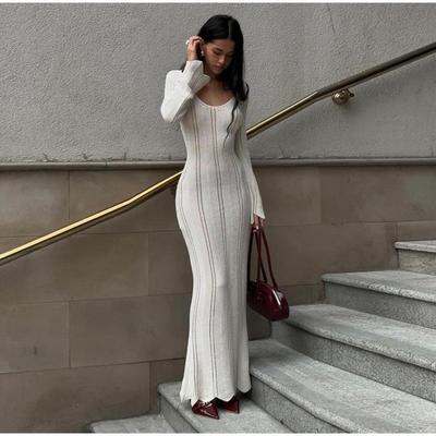 Knit Slim Round Neck Hollow Out Women Dress Summer Solid Soft Long Sleeves Lady Robe