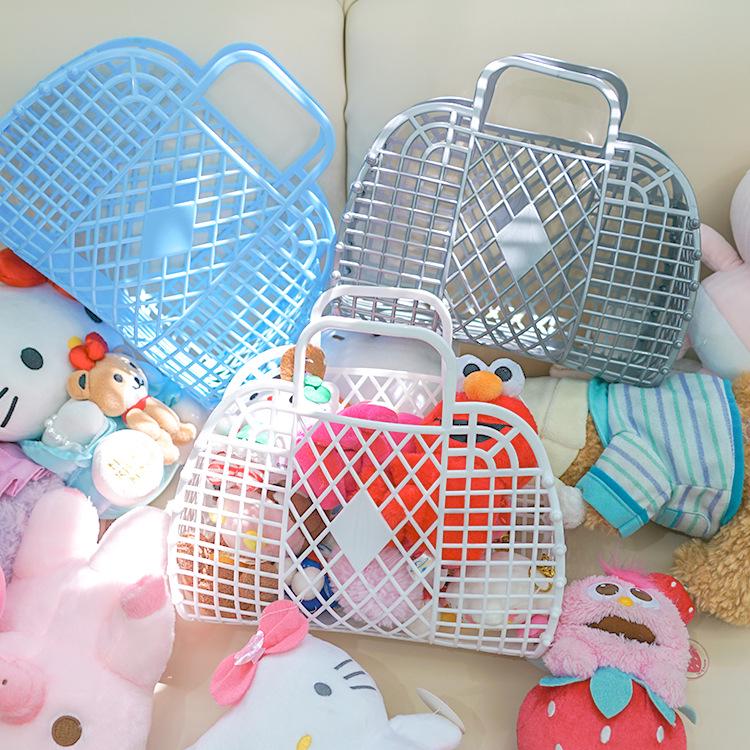 Foldable Plastic Supermarket Tote Basket - Hollow Design for Shopping, Fruits, Toys, and More.