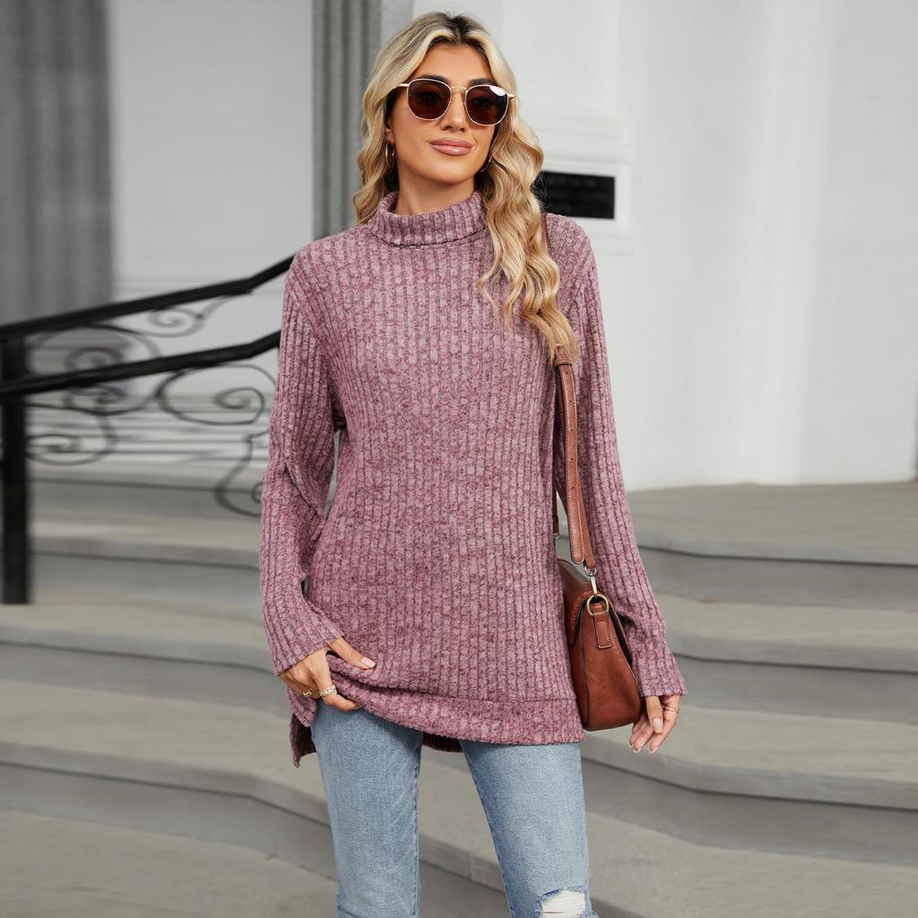 2024 High-Neck Loose Long-Sleeve Slit T-Shirt for Women: Autumn/Winter Collection