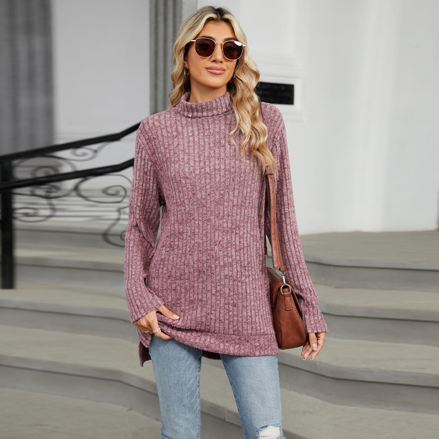 

Женская футболка с высоким воротом, свободного кроя, с длинным рукавом и разрезом, 2024: Коллекция осень/зима Extra Large темно-красного