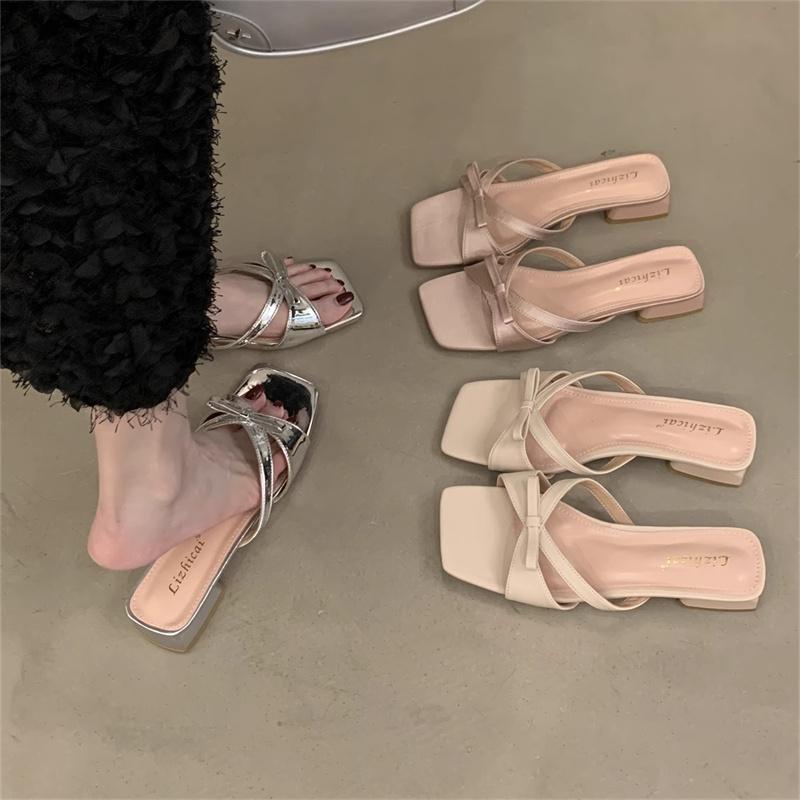 Fashion Female Shoes Square heel Ladies' Slippers Low Luxury Slides Butterfly-Knot 2025 Block Summer Silver Designer Scandals Butterfly-