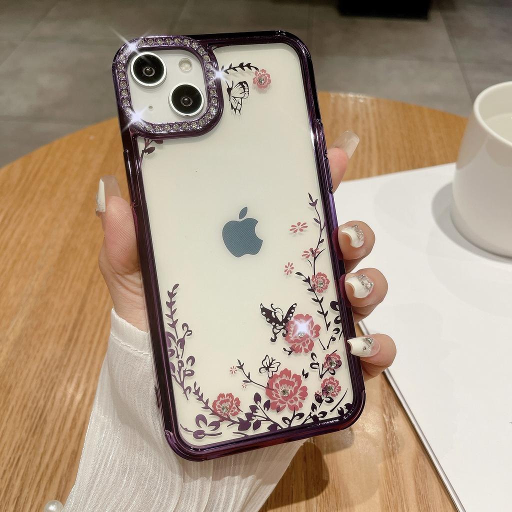 Applicable To Apple 15ProMax Phone Case, IPhone14 Electroplated Butterfly Ring Stand, Lens Flash Diamond Protective Case