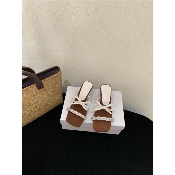 Fashion Square Heel Low Flower High-Heeled Shoes Lady Ladies' Slippers Block Summer PU Rubber Scandals Fabric Slides Floral Hoof