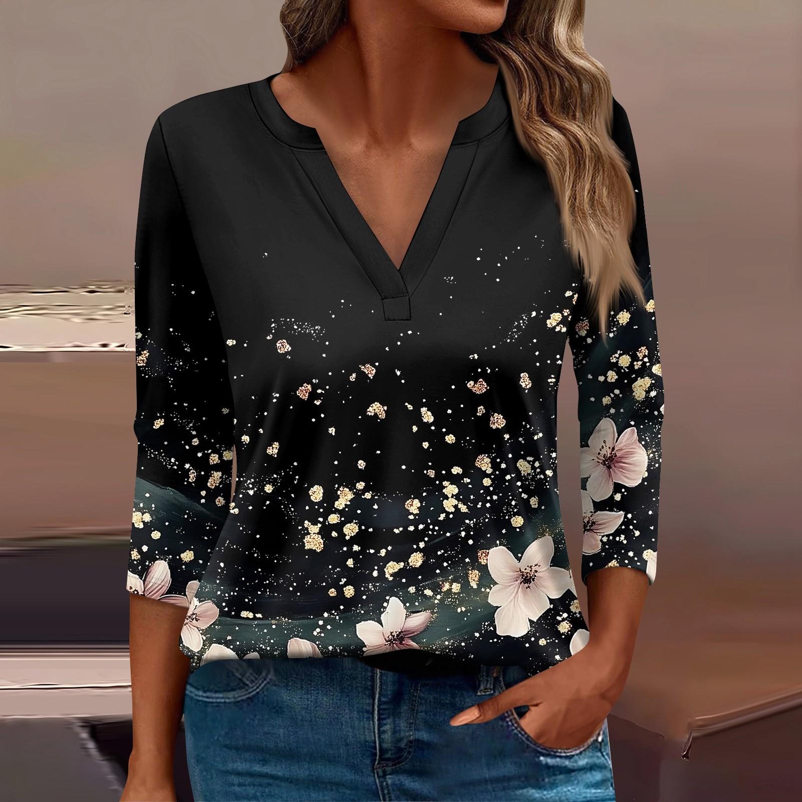 

Женская футболка Футболка с принтом Рукав 3/4 Повседневные Выходные Мода Базовый V-образный вырез Обычный топ L чёрный