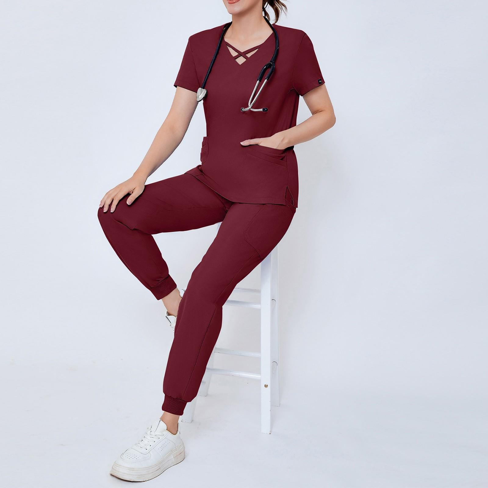 

Женский однотонный топ с короткими рукавами и карманами на перекрестной горловине, рабочая одежда, комплект из двух предметов L винный