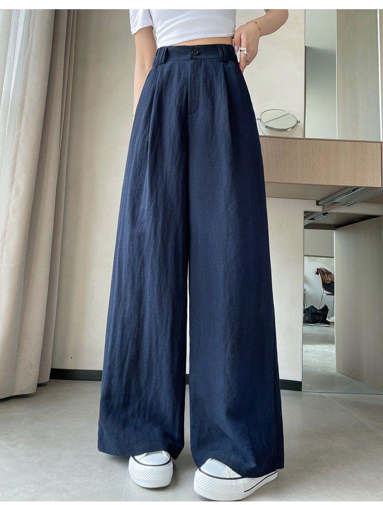 Women's Tencel Linen Wide-Leg Pants - Summer Ice Silk Cotton Blend, High Waist, Slimming, Floor Length, Loose Fit.