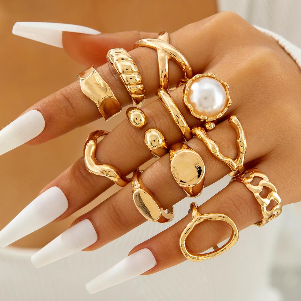 European and American Ethnic Style Carved Feather turquoise Ring Retro Personality Ring Set Combination Ring Set