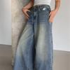 American Ins High Street Retro Washed Blue Loose Pants Long Mop Plus Size Loose Ripped Leisure Denim Female